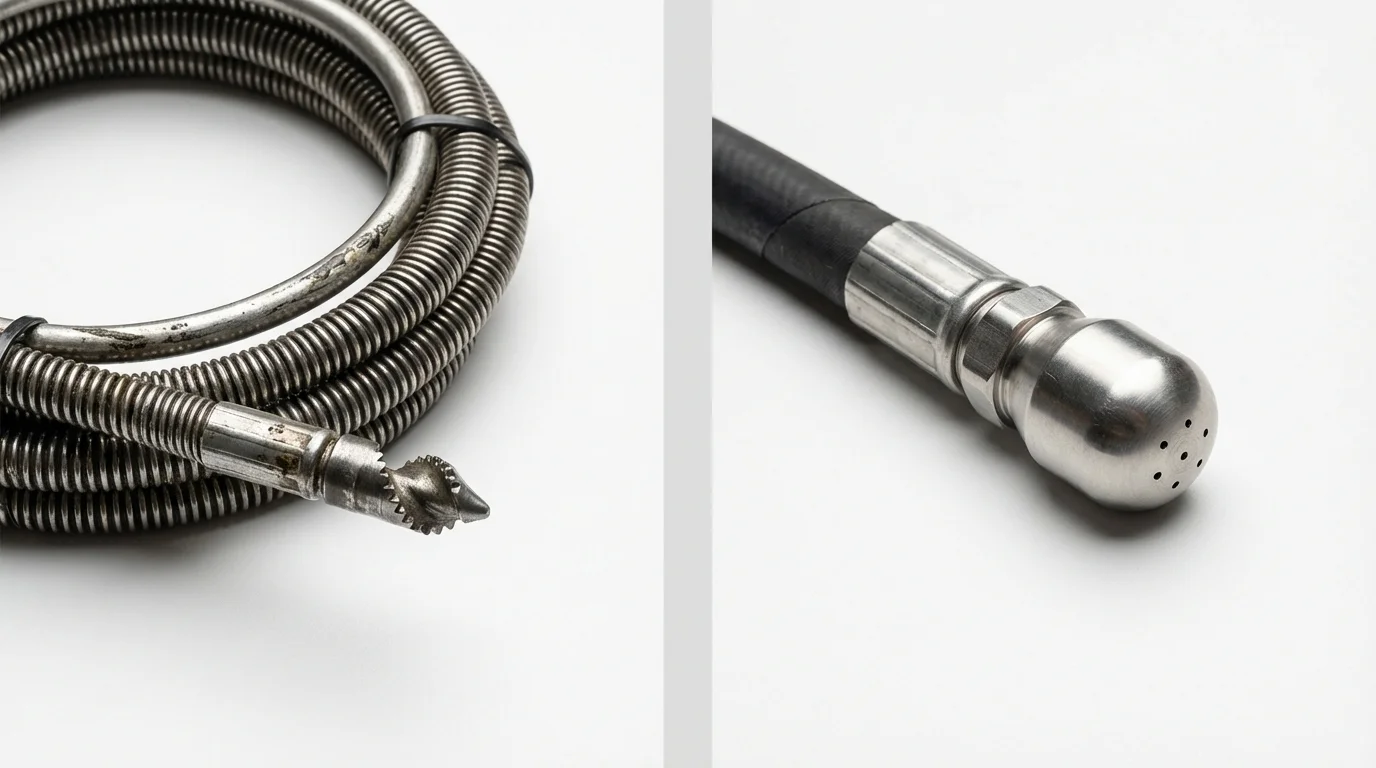 Drain snake cable and hydro jetting nozzle used for drain cleaning in Chandler, TX