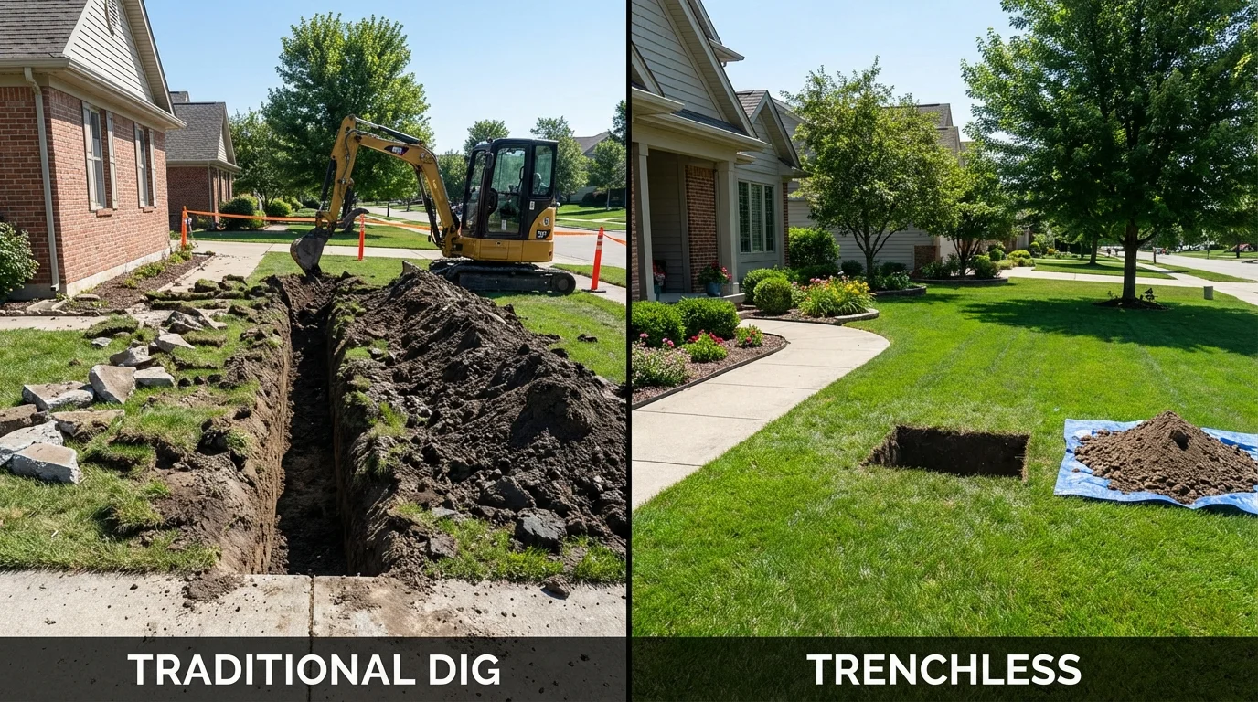 Trenchless sewer repair with minimal yard damage versus traditional excavation in Chandler, TX