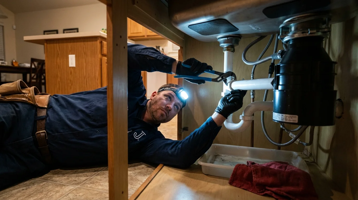 P-trap and supply line connections under a kitchen sink showing a common leak point in Chandler, TX